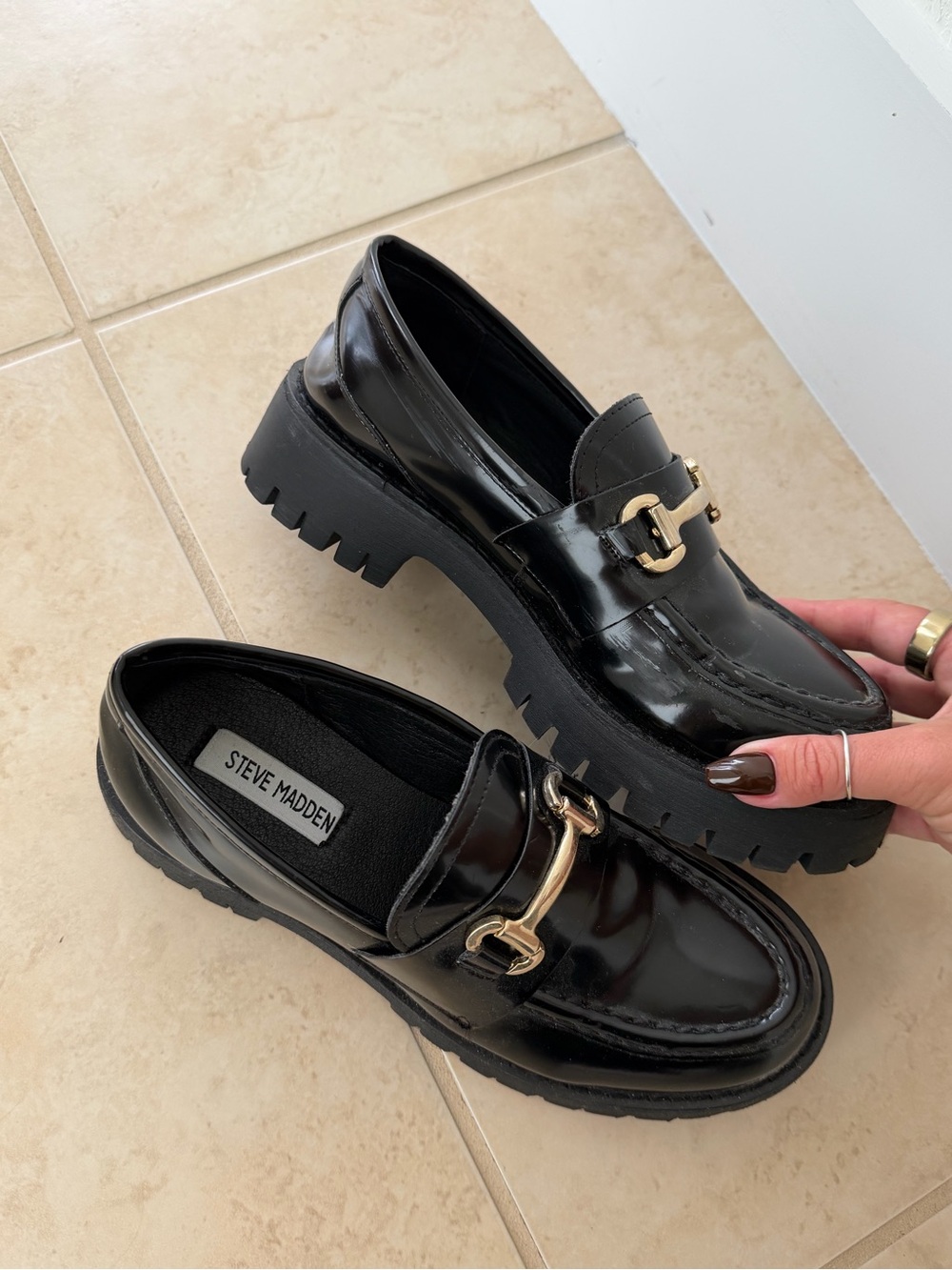 Steve Madden Black Patent Lug Sole Loafers with Gold Hardware